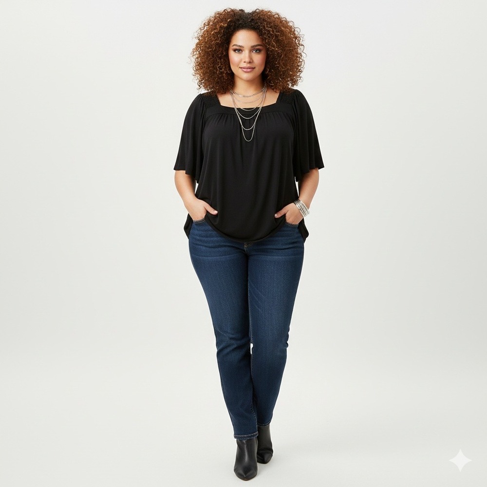 Avenue Top Women 22/24 Black Smocked Shoulder Stretch Minimalist Classic Comfort